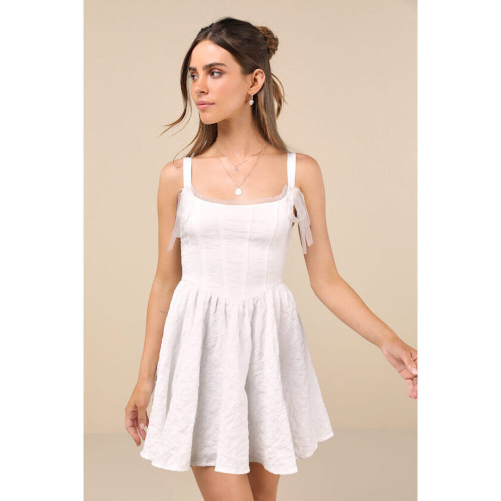 Lulus Perfected Presence White Jacquard Tie-strap Mini Dress - Size L